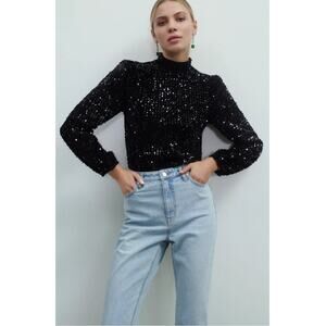 Sanctuary Women’s L All Nighter Black Sequin Mock Neck Zipper Lined Blouse NWT